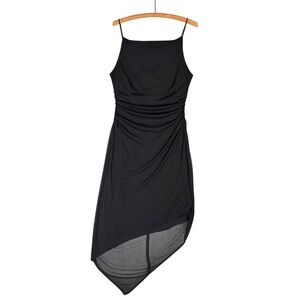VTG Connected Apparel Black Ruched Asymmetrical Mesh Overlay Dress Fits S USA